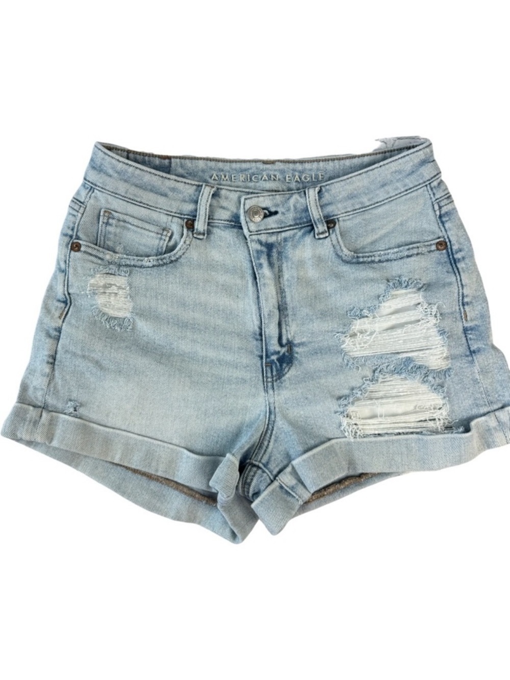 ✅ American Eagle light blue distressed denim rolled up mom shorts size 2